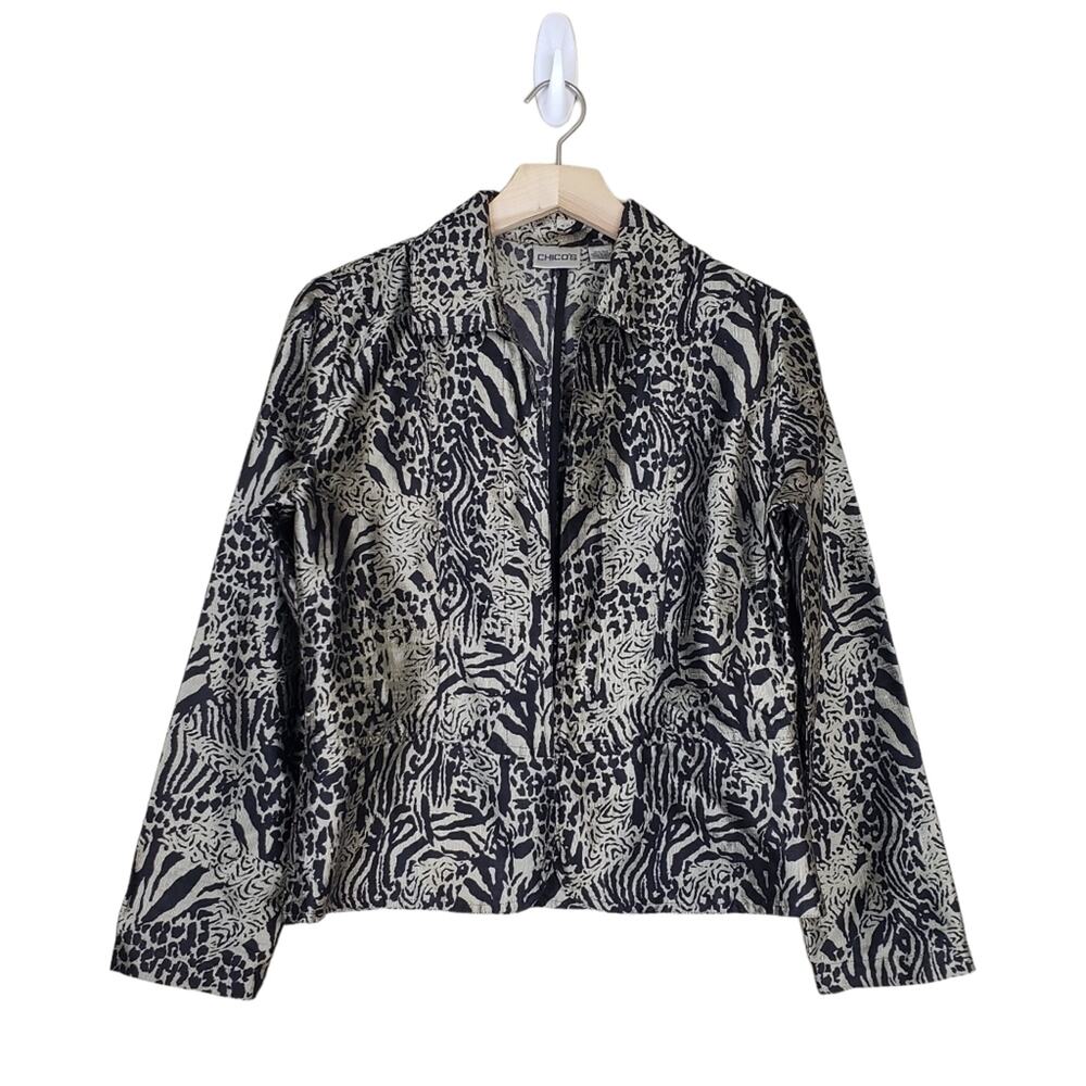 Chico's Womens S 100% Silk Animal Print Open Front Blazer